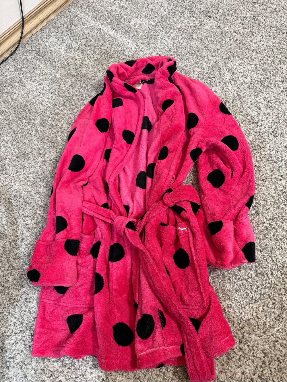 Pink Plush Robe with Black Polka Dots